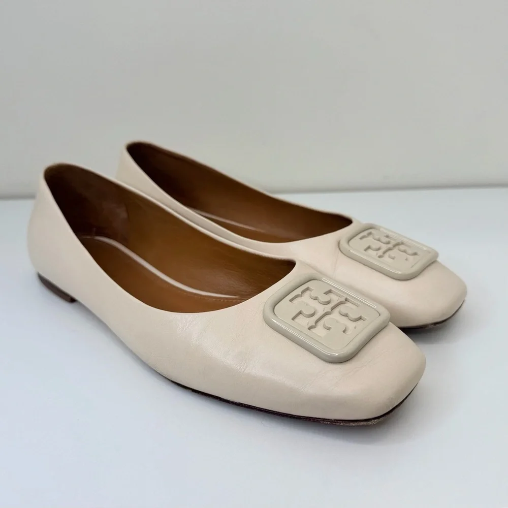 Tory BurchGeorgia Square Toe Ballet Flat in Cream Size 9C preppy logo new money
